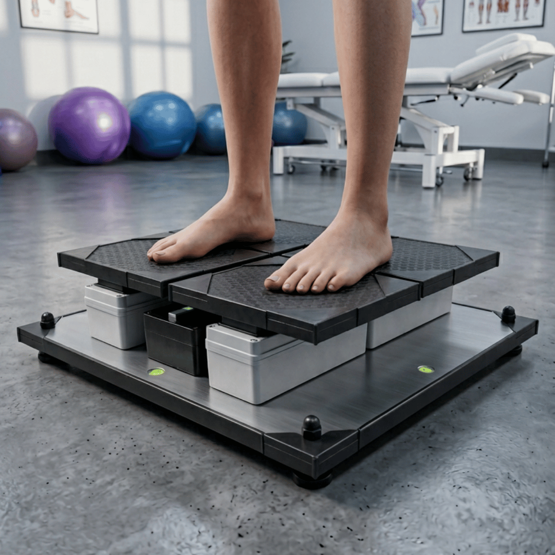 Patient standing on the StabiliTrack Pro clinical force-plate platform